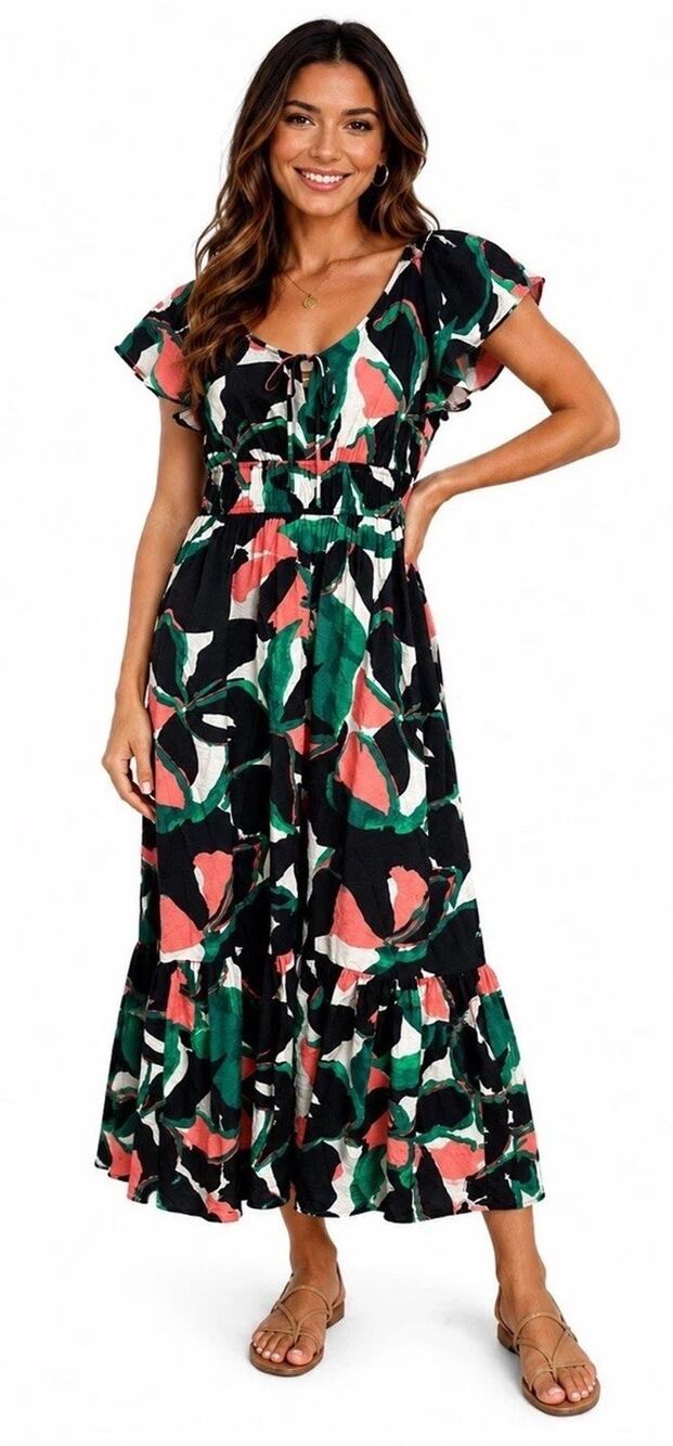 Nine West Womens Large Flutter Sleeve Maxi Dress Tiered Flowy Boho Summer